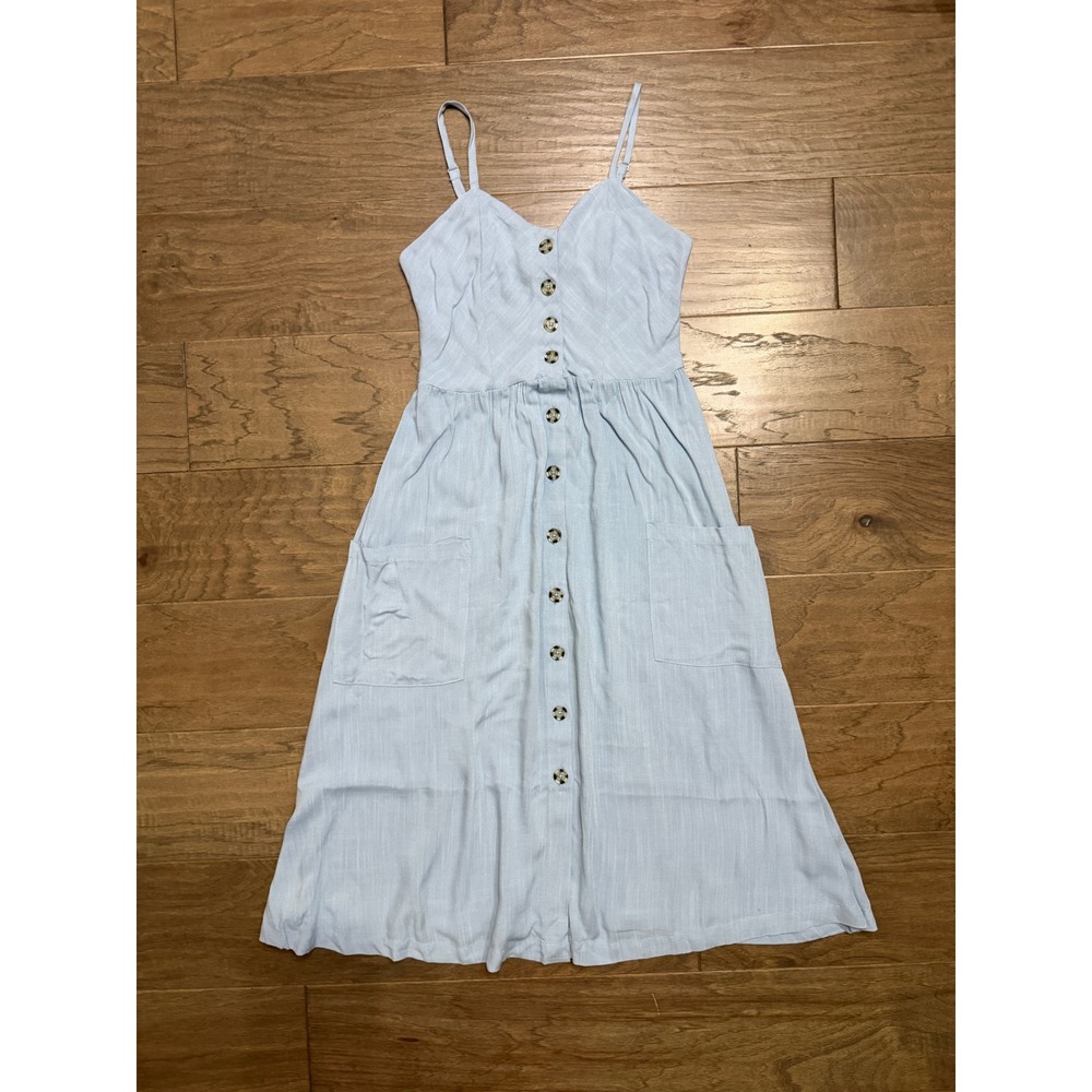 Good Luck Gem Midi Dress Womens Small Blue Rayon Button Front Pocket Sundress